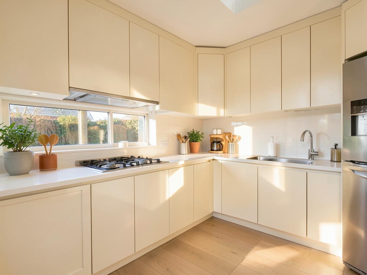 Clean, sunlit kitchen with clear countertops
